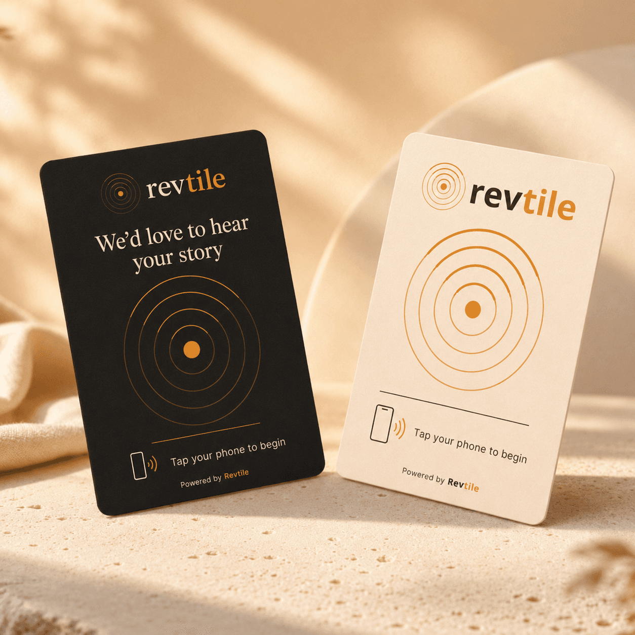 Revtile NFC cards in matte black and cream