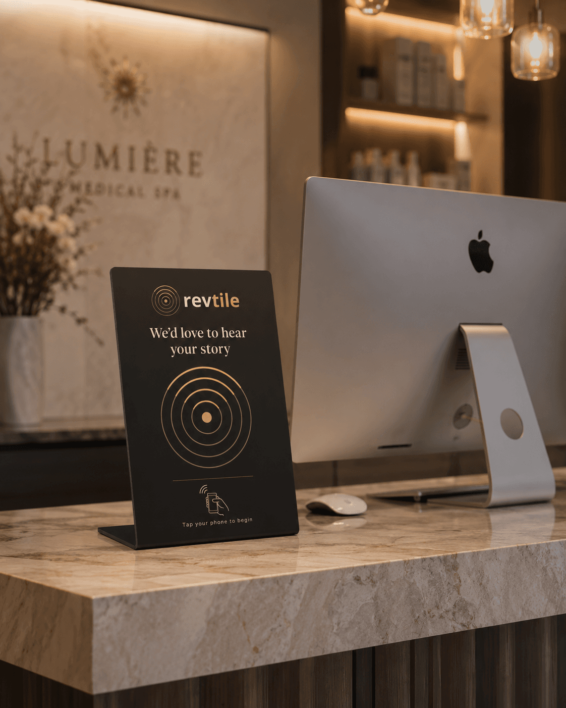 Revtile stand on a marble counter at Lumière Medical Spa